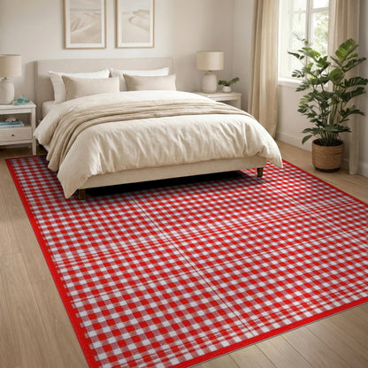 Rustic Farmhouse Red Gingham Checkered Washable Area Rug
