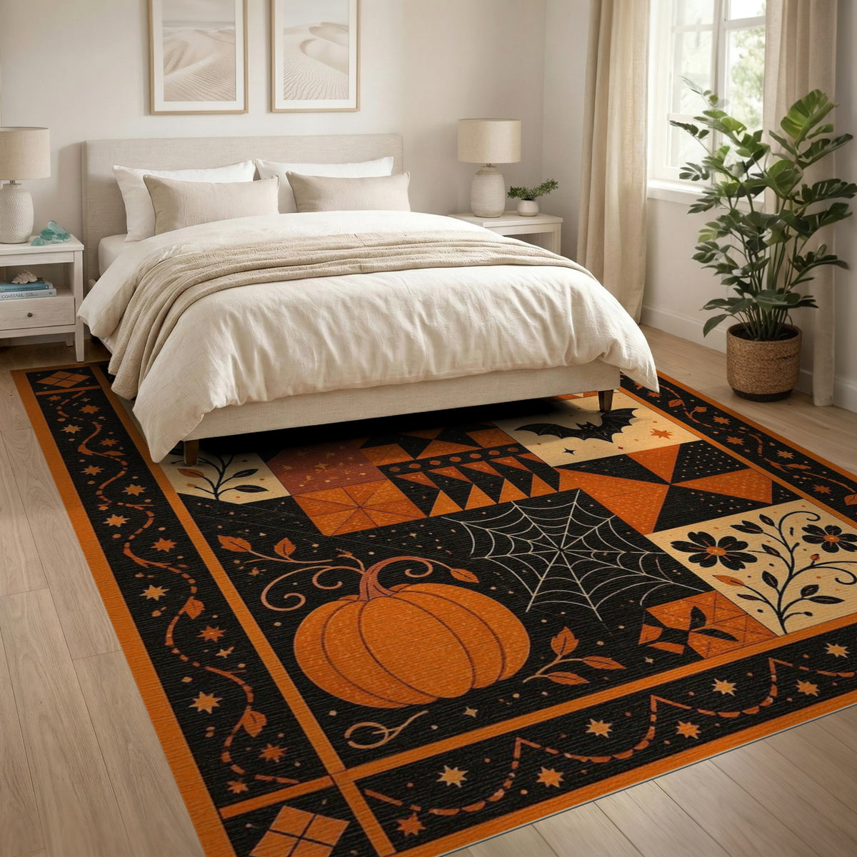 ODIKA Orange Pumpkin Bat Patchwork Area Rug