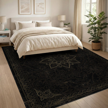 Distressed Black Gold Floral Mandala Area Rug