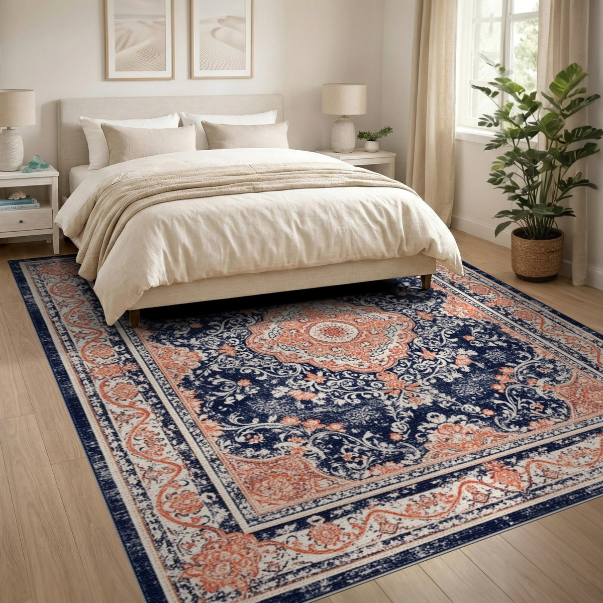 Navy Blue Distressed Persian Medallion Rug