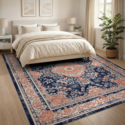 Navy Blue Distressed Persian Medallion Rug