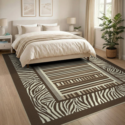Brown Zebra Border Geometric Striped Area Rug