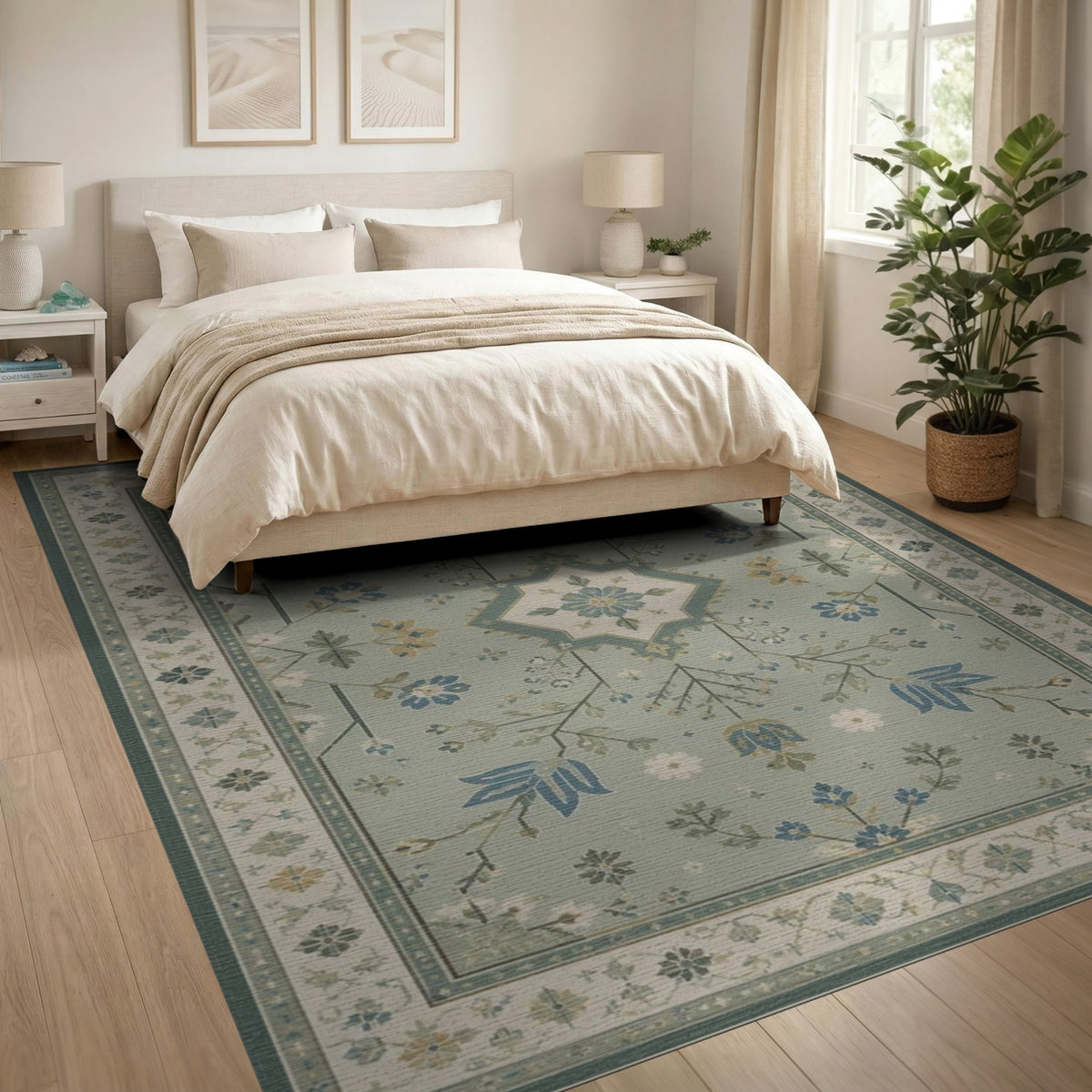 Blue Teal Floral Vintage Area Rug