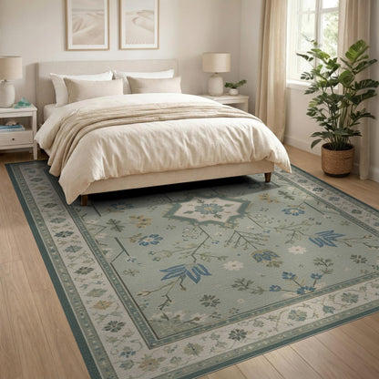 Blue Teal Floral Vintage Area Rug