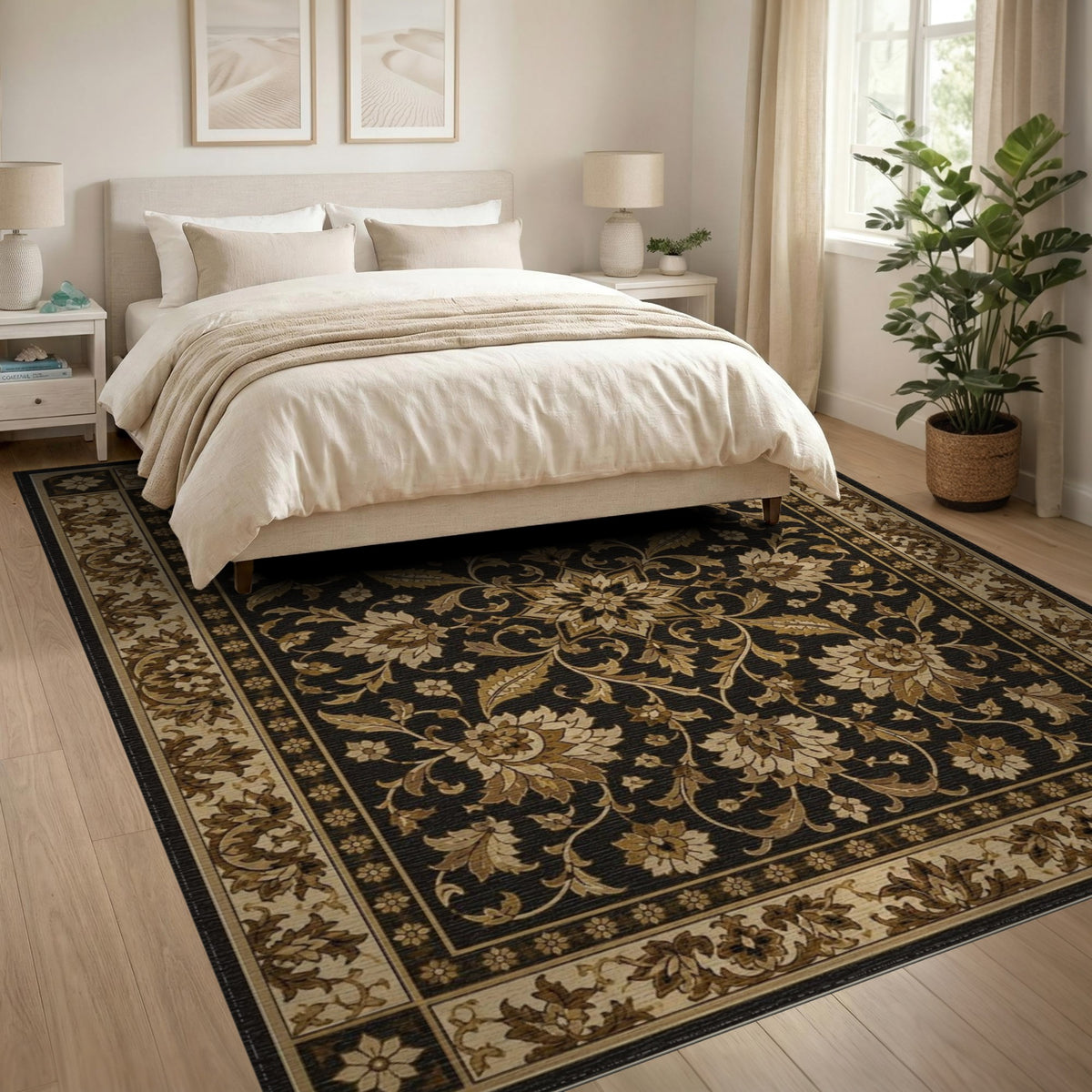 Beige and Neutral Black Floral Vintage Area Rug
