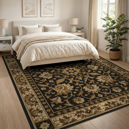 Beige and Neutral Black Floral Vintage Area Rug