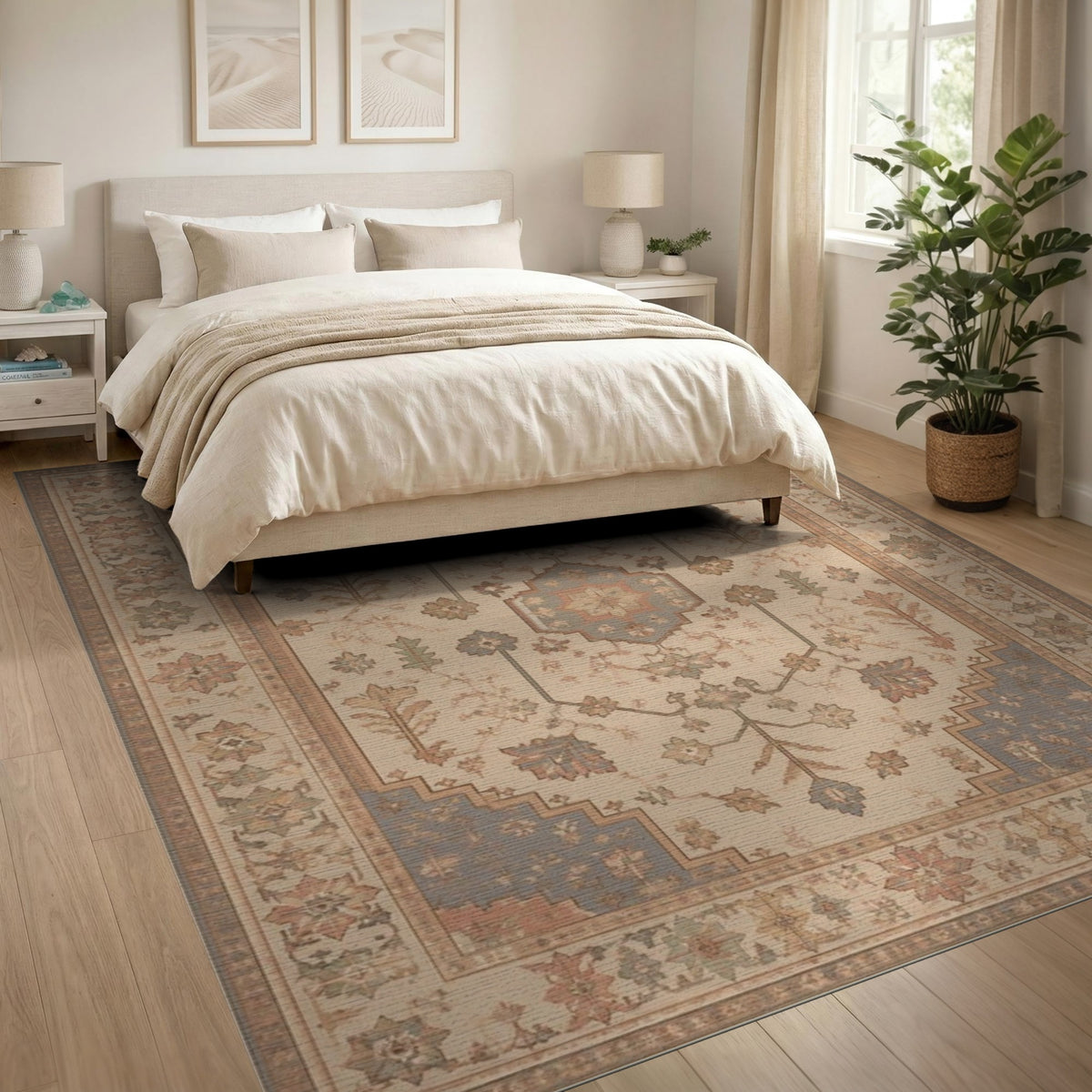Beige Traditional Persian Floral Medallion Area Rug