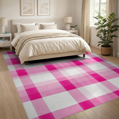 Pink Geometric Modern Pink Gingham Checkered Washable Area Rug