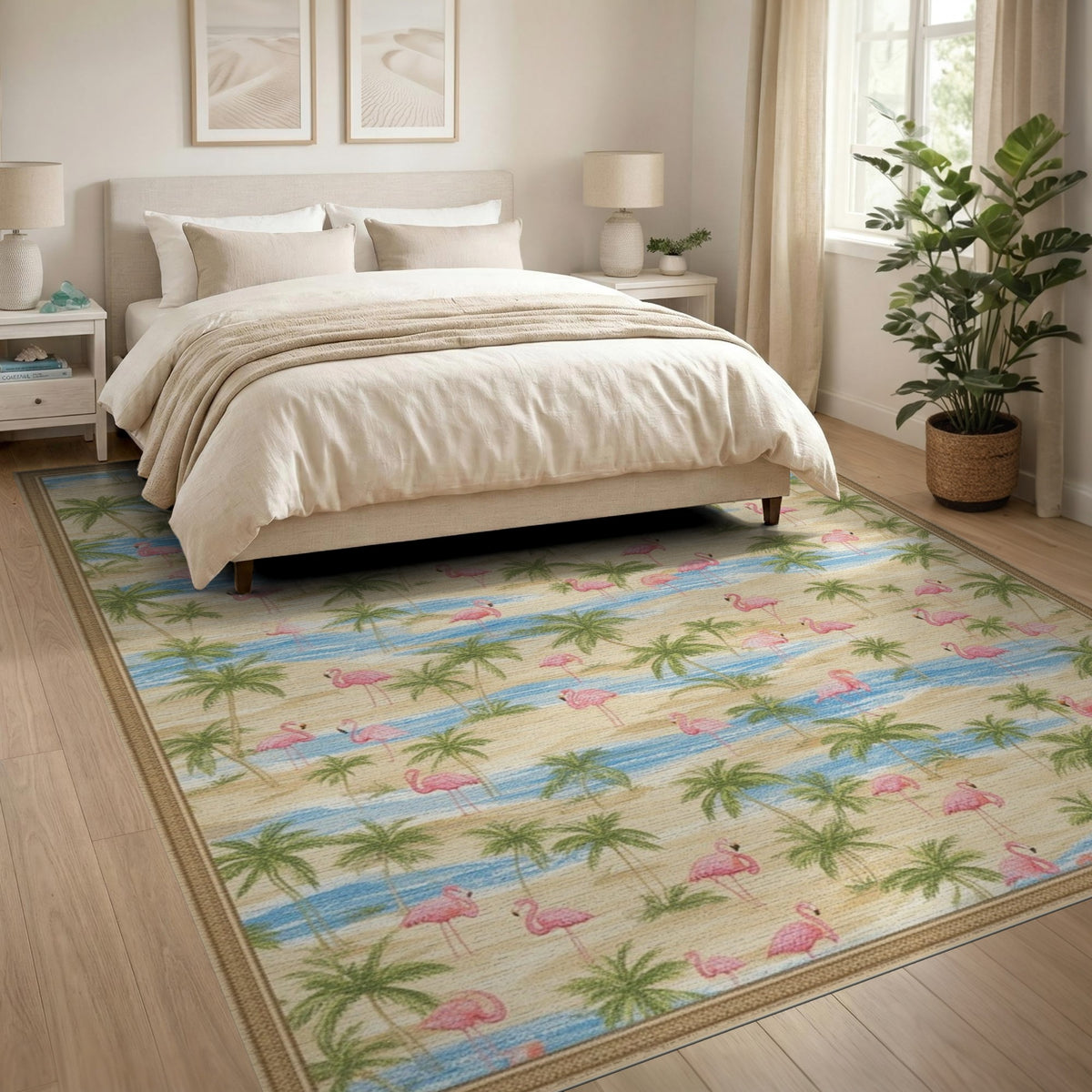 Pink Flamingo Coastal Beach Area Rug