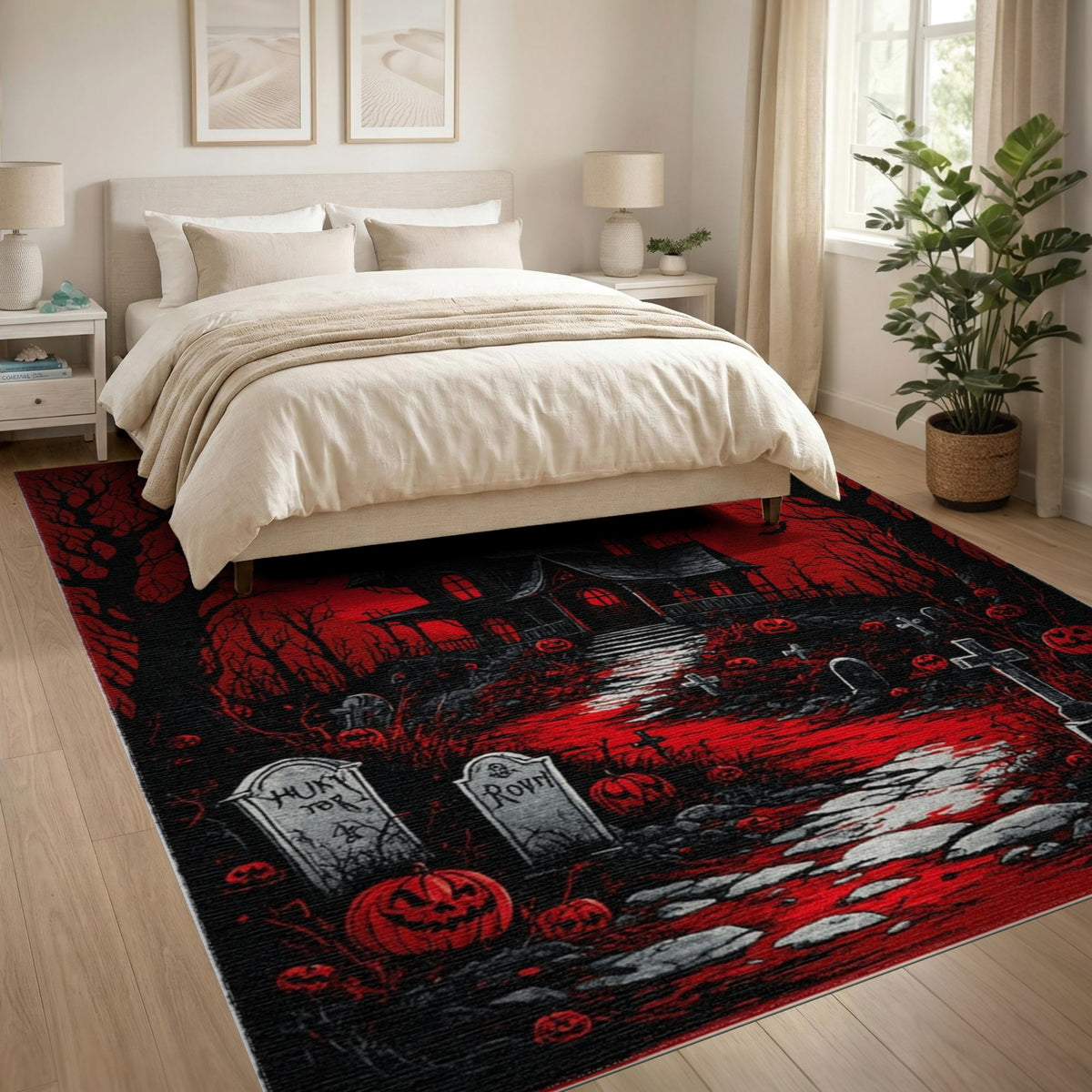 Red Haunted Mansion Halloween Area Rug