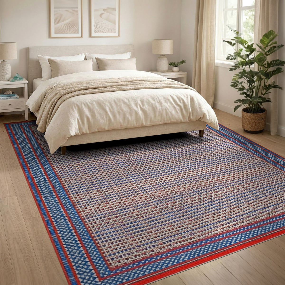 Red Blue Geometric Checkered Area Rug