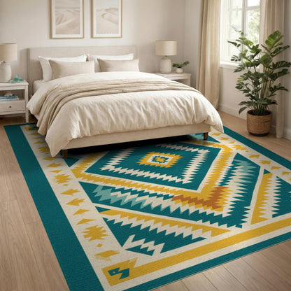Blue and Teal Diamond Heritage Tribal Area Rug