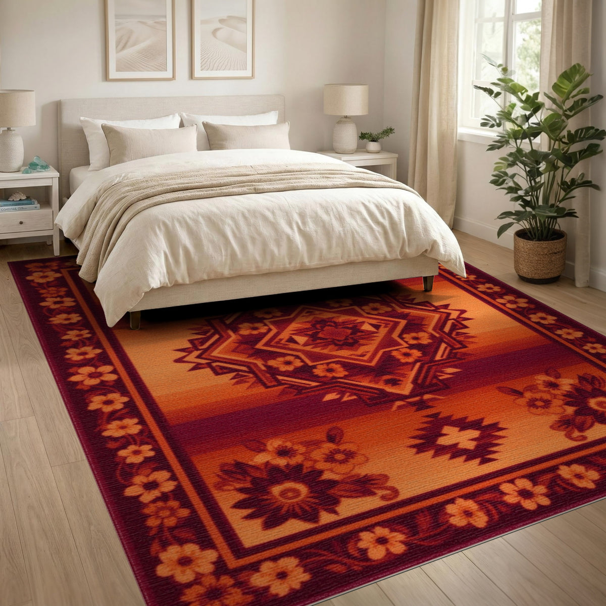 Southwestern Red Geometric Area Rug with Floral Border