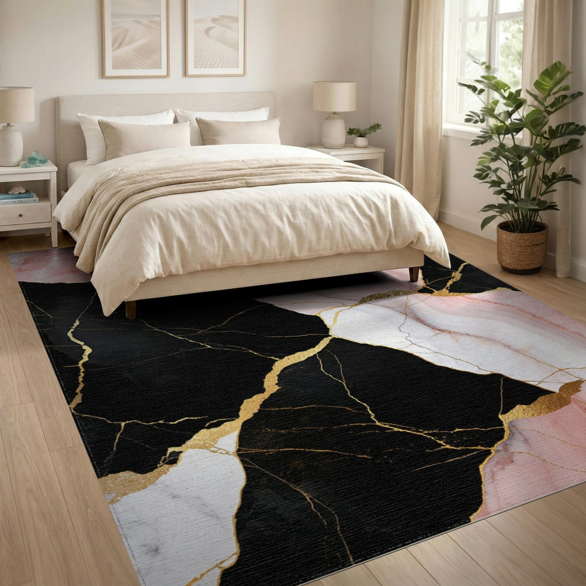 Pink Marble Gold Abstract Pink Area Rug
