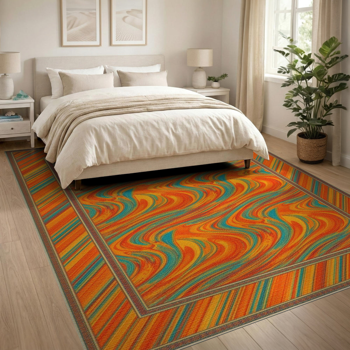 Multi-color and Patterns Vibrant Orange Teal Swirl Abstract Area Rug