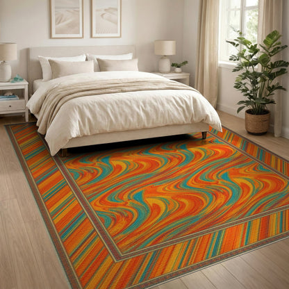 Multi-color and Patterns Vibrant Orange Teal Swirl Abstract Area Rug