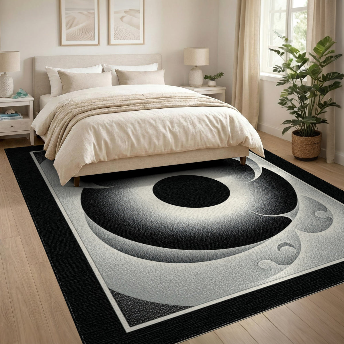 Black White Geometric Vortex Area Rug