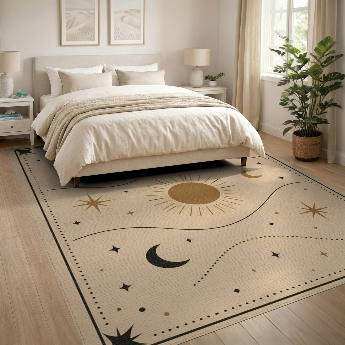 Boho Celestial Beige Area Rug with Sun and Moons