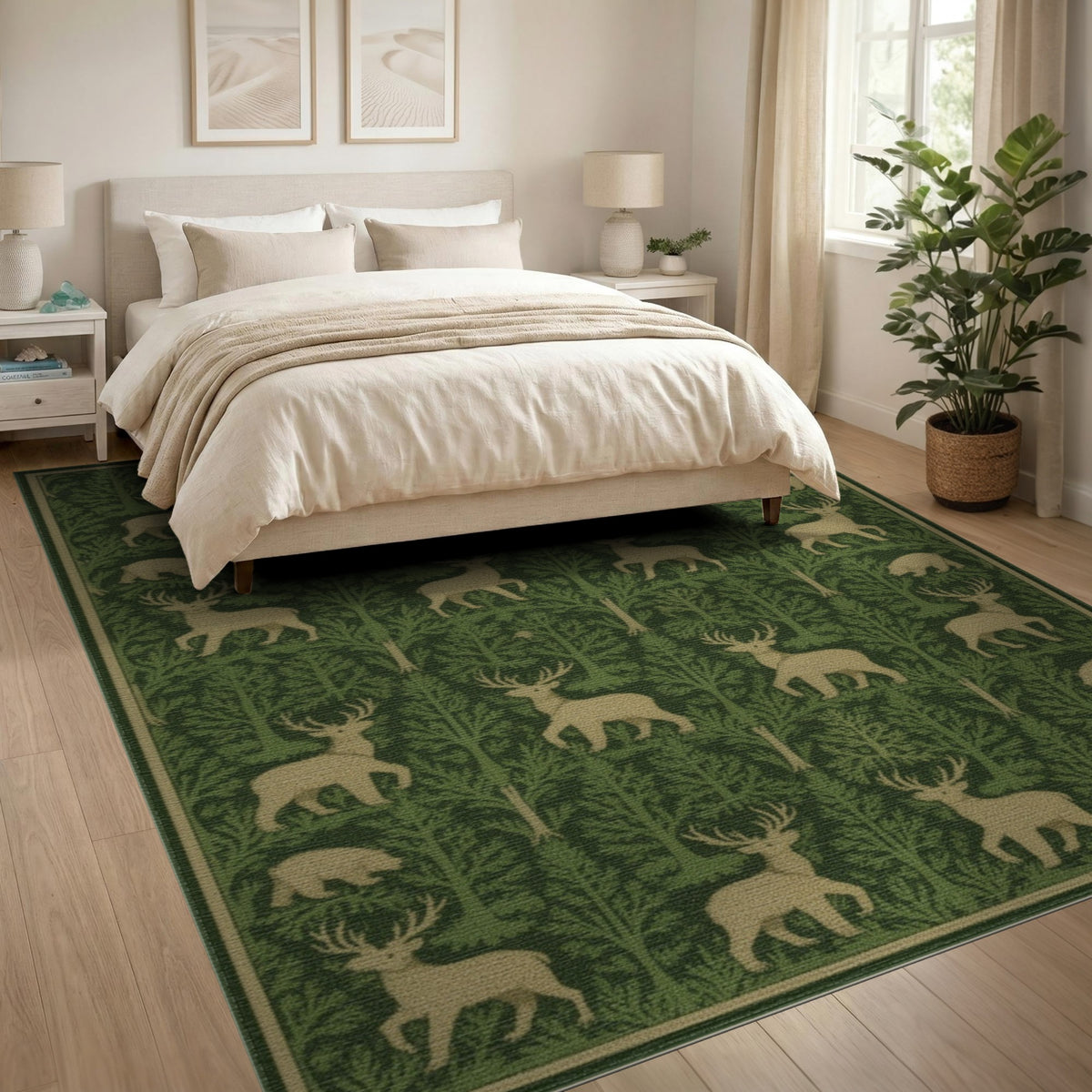 Green Forest Deer Bear Rustic Area Rug
