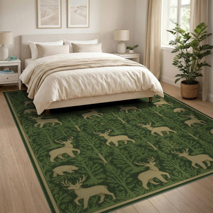 Green Forest Deer Bear Rustic Area Rug