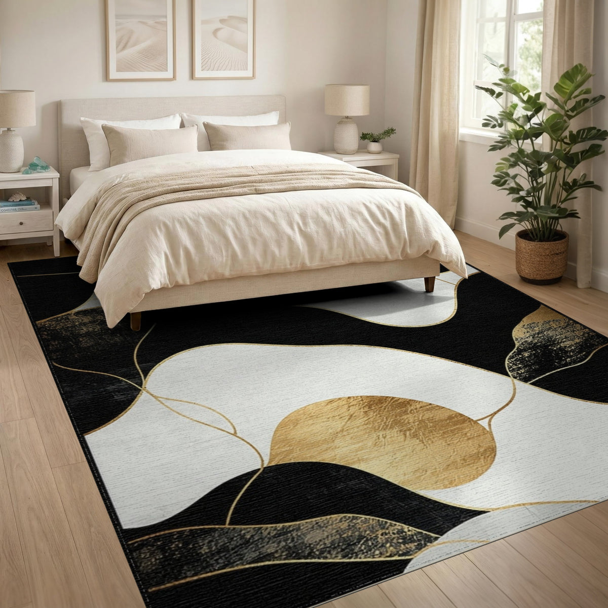 Black White Abstract Gold Wave Area Rug