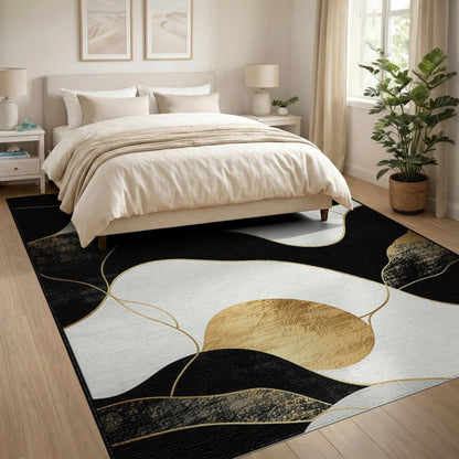 Black White Abstract Gold Wave Area Rug
