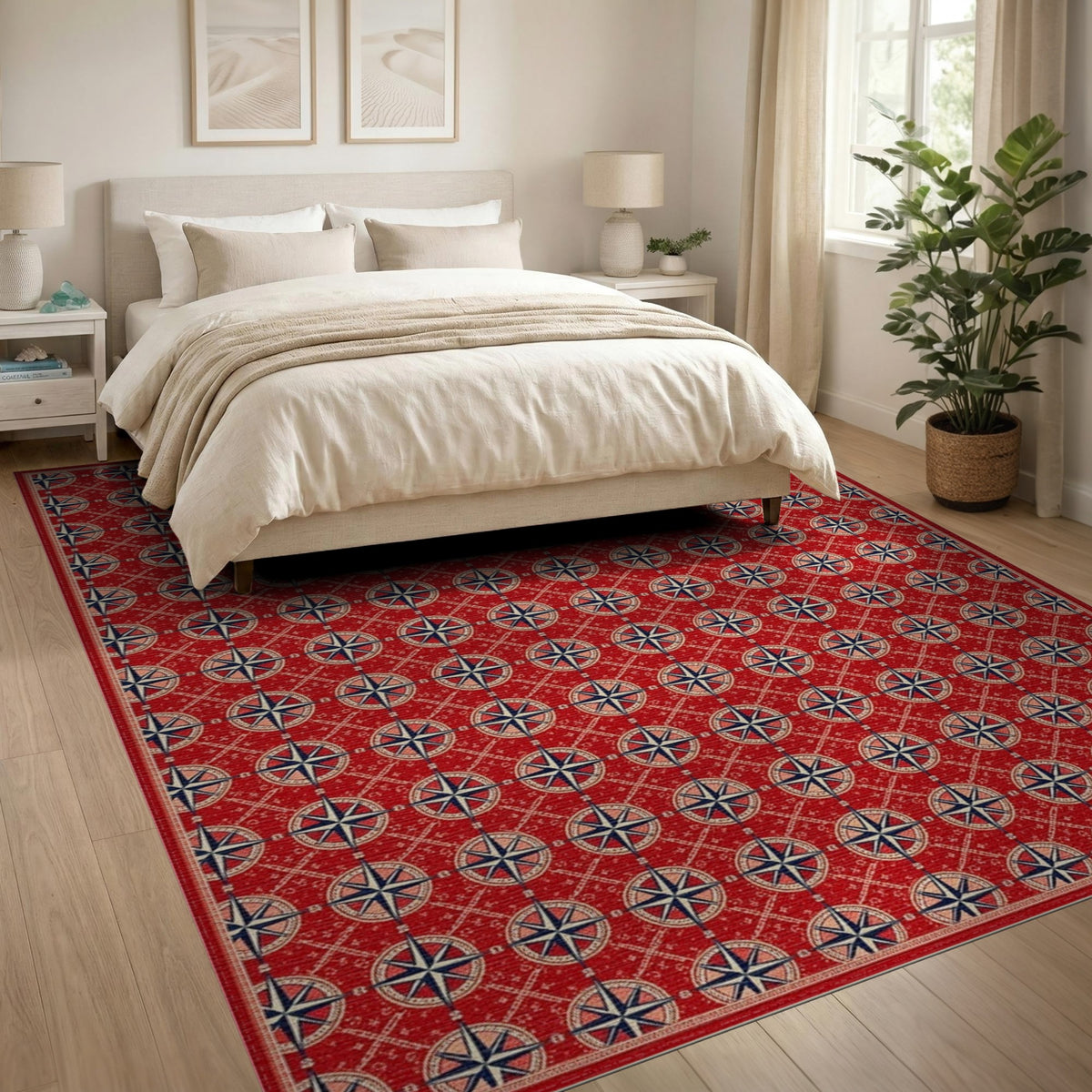 Red Nautical Compass Washable Area Rug