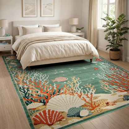 Teal Ocean Reef Washable Area Rug
