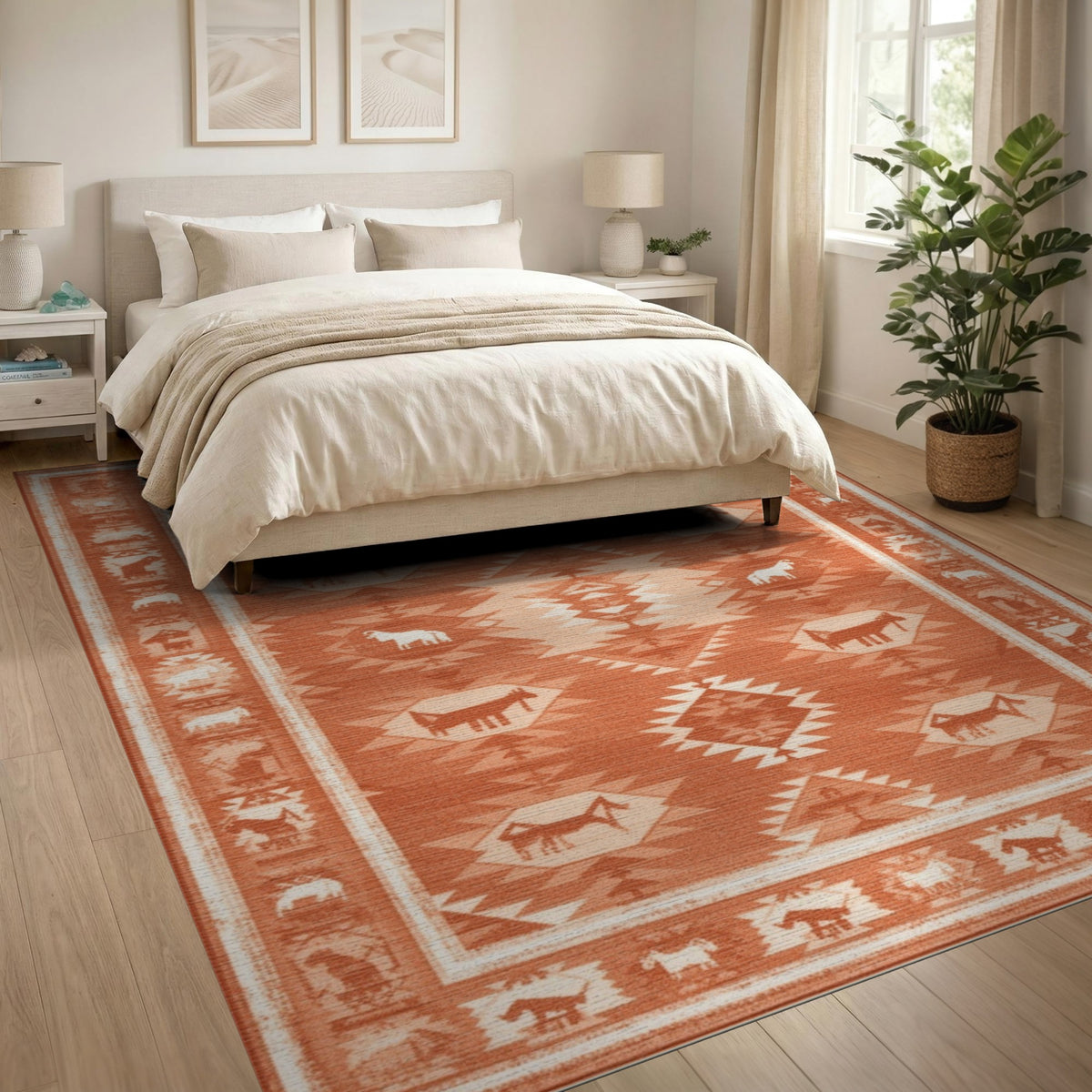 Red Southwestern Horse Motif Area Rug