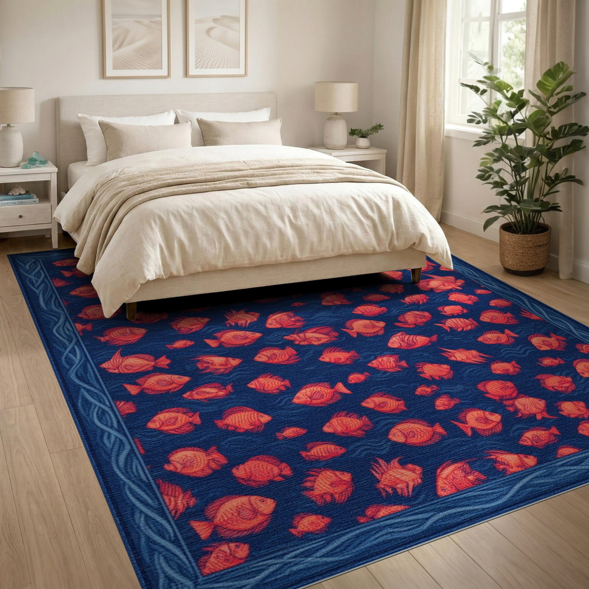 Blue and Teal Coastal Beach Blue Coastal Fish Area Rug