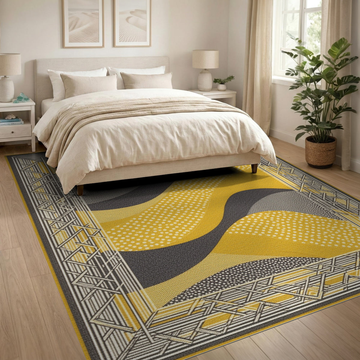 Geometric Modern Yellow Geometric Wave Area Rug