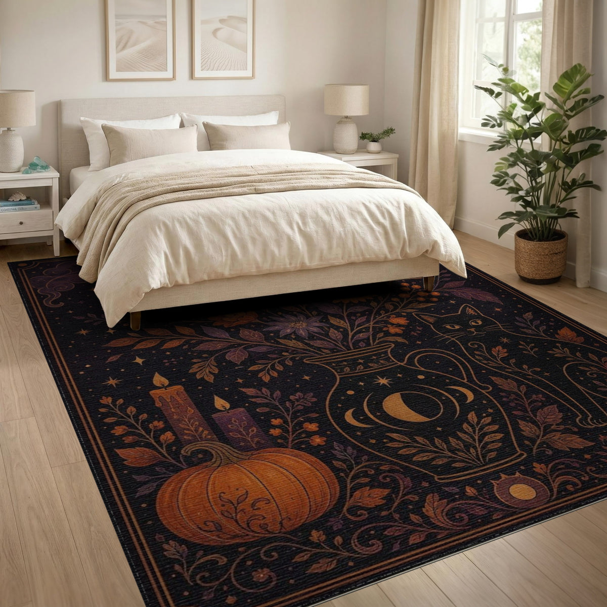 Mystical Celestial Cat Floral Area Rug