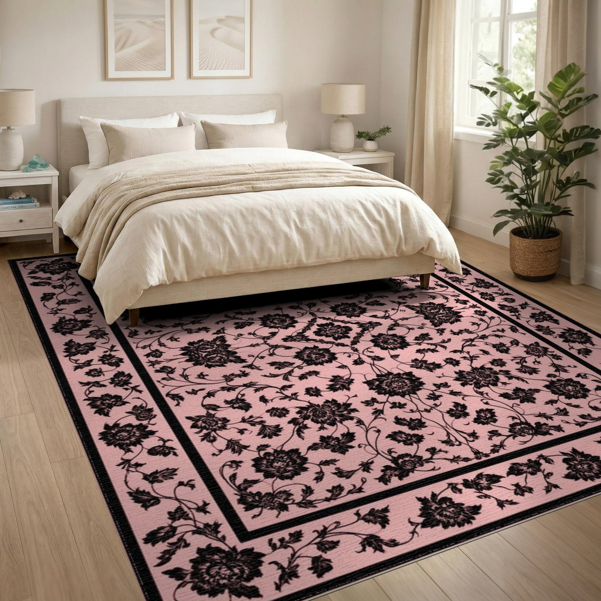 Pink Black Floral Vintage Area Rug