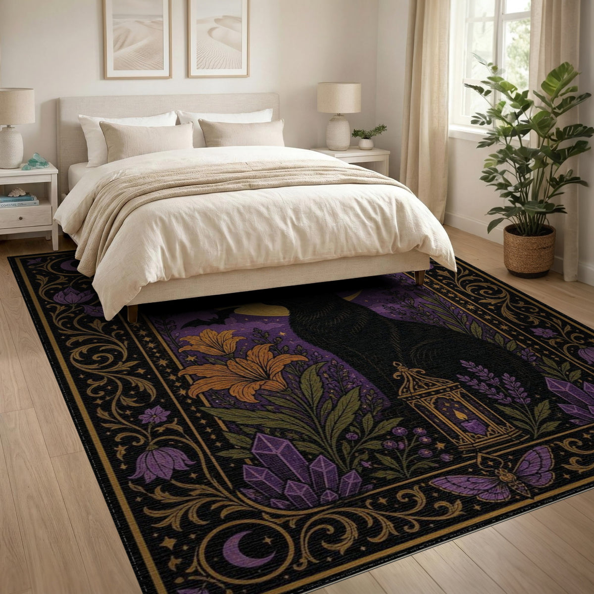 Purple Mystical Black Cat Purple Moon Area Rug