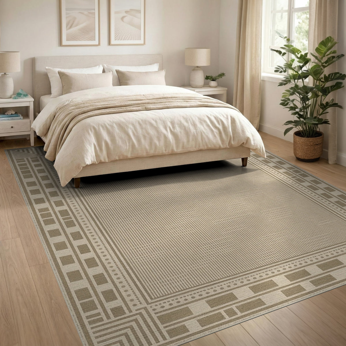 Beige and Neutral Border Beige Geometric Border Area Rug