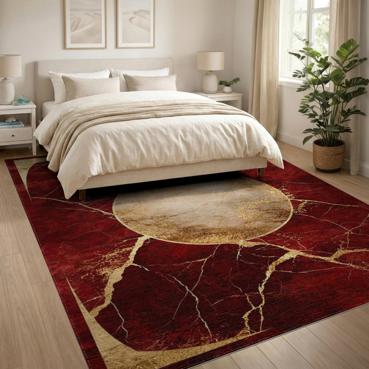 Red Marble Gold Medallion Area Rug