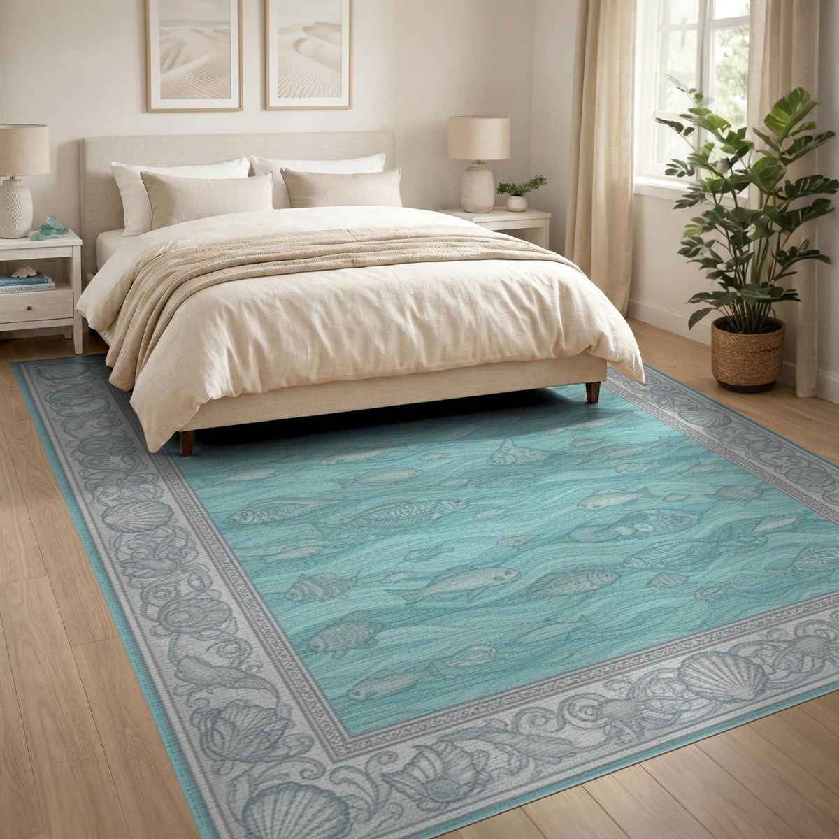 Blue Coastal Fish and Seashell Area Rug
