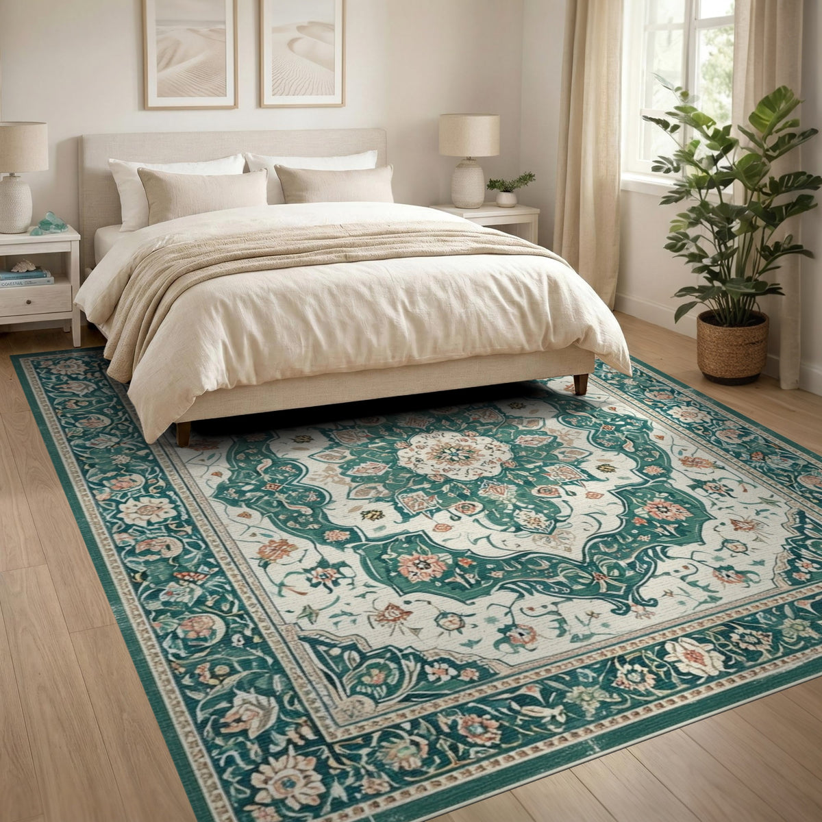 Teal Floral Persian Medallion Area Rug