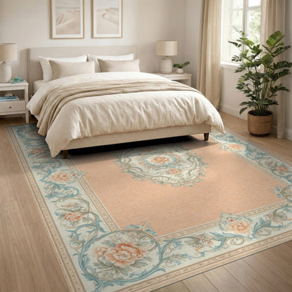 Teal Floral Medallion Peach Vintage Rug