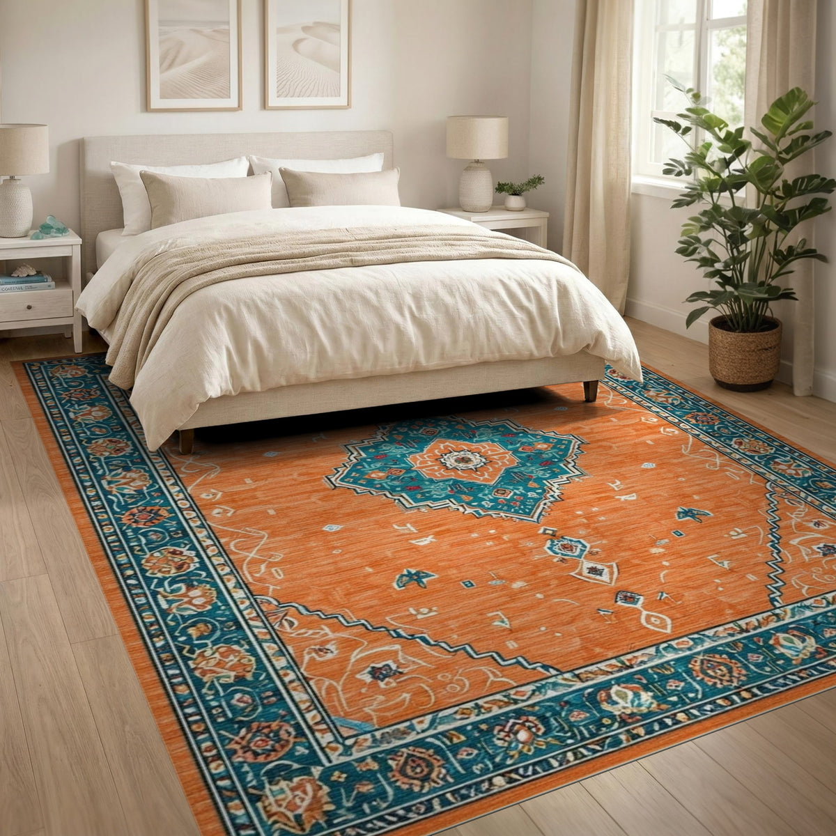Orange Teal Persian Medallion Orange Area Rug