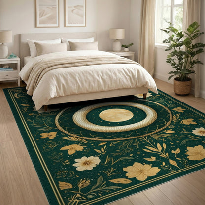 Golden Serpent Moon Floral Green Area Rug