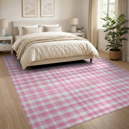 Geometric Modern Gingham Pink Gingham Checkered Washable Area Rug