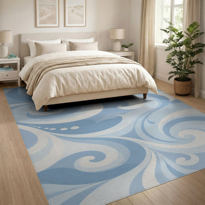 Blue and Teal Blue Swirl Abstract Washable Area Rug