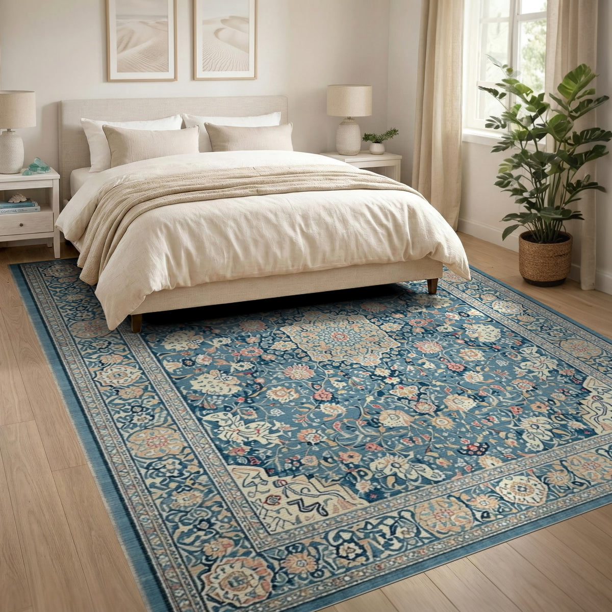 Traditional Persian Blue and Teal Blue Floral Persian Medallion Area Rug