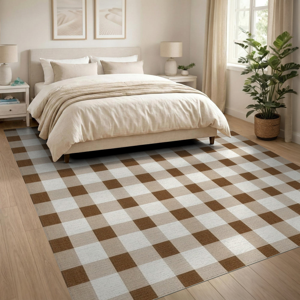 Rustic Farmhouse Brown Gingham Checkered Area Rug