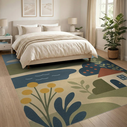 Blue Hillside Cottage Washable Area Rug