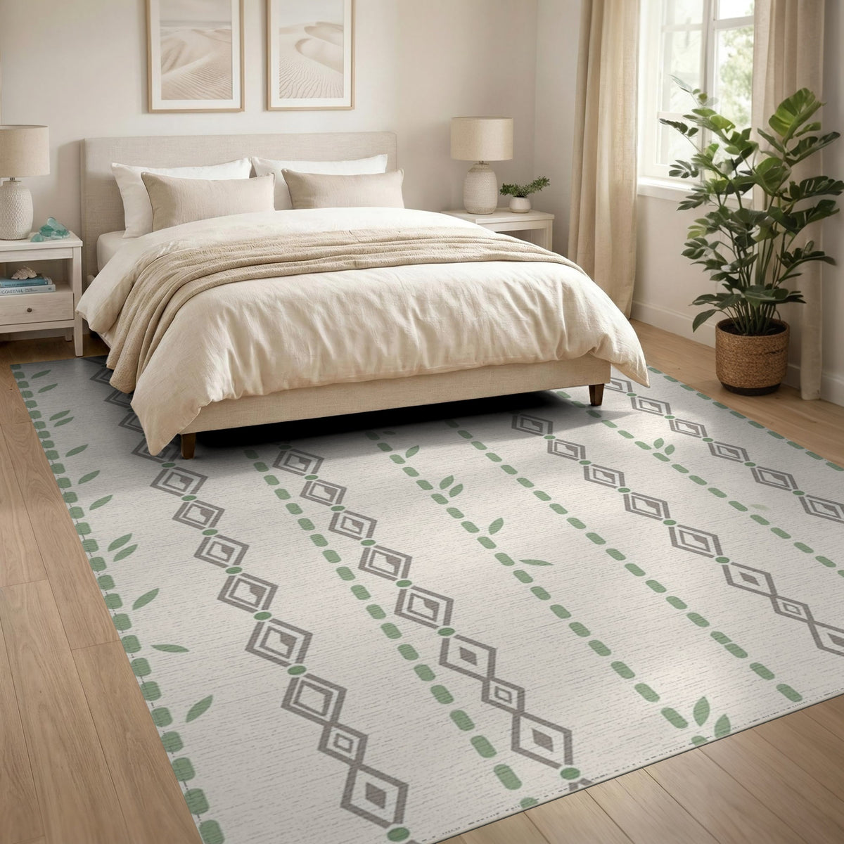 Beige Geometric Leaf Stripe Area Rug