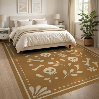 Brown Skull Floral Washable Area Rug