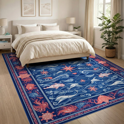 Blue Nautical Ocean Life Area Rug