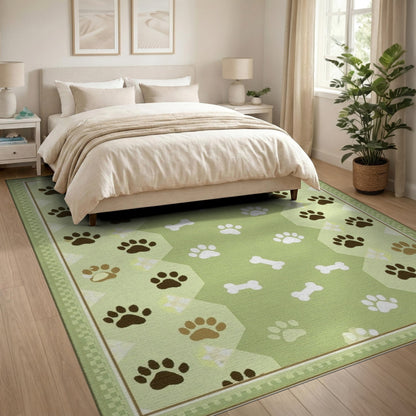 Green Paw Print Bone Kids Area Rug